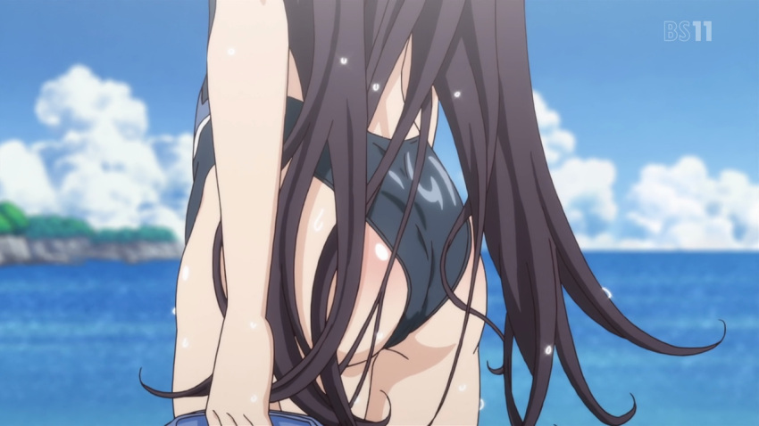 1girl, ass, black_hair, bucket, endou_rino, jinsei, long_hair, screencap, swimsuit, wet