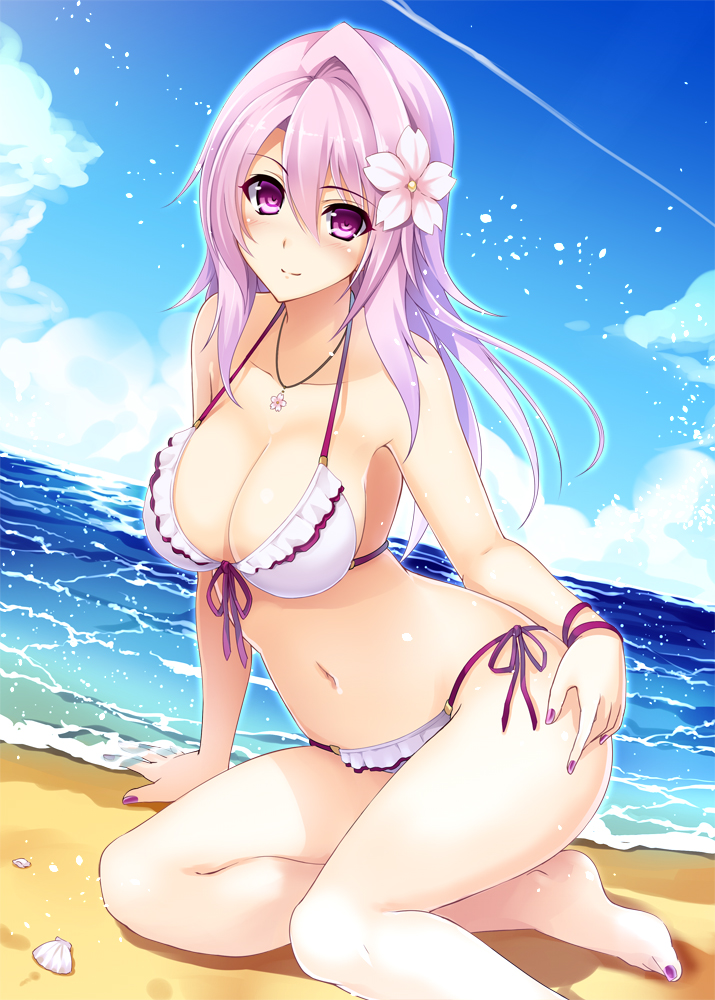 1girl, beach, bikini, blush, breasts, clouds, cu-no, front-tie_bikini, front-tie_top, hair_ornament, kikyou-0423, light_smile, long_hair, nail_polish, navel, ocean, purple_bikini, purple_hair, purple_nails, shell, side-tie_bikini, sitting, sky, smile, solo, swimsuit, toenail_polish, violet_eyes, water, yayoi_sakura, yokozuwari