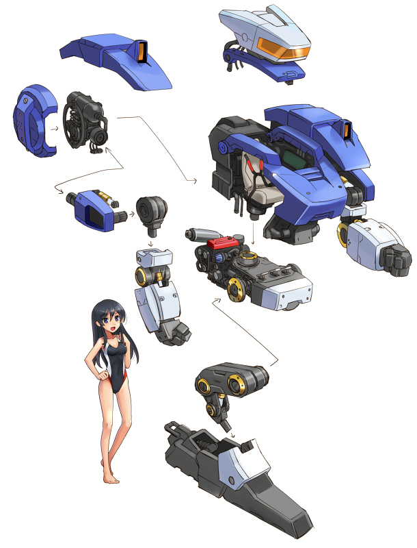 1girl, bishoujo_yuugekitai_battle_skipper, black_hair, katahira_masashi, long_hair, one-piece_swimsuit, solo, swimsuit