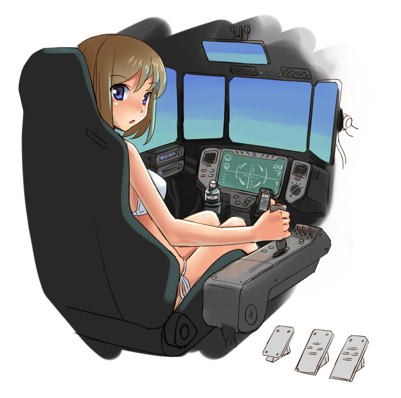 1girl, bikini, bishoujo_yuugekitai_battle_skipper, blue_eyes, brown_hair, katahira_masashi, short_hair, solo