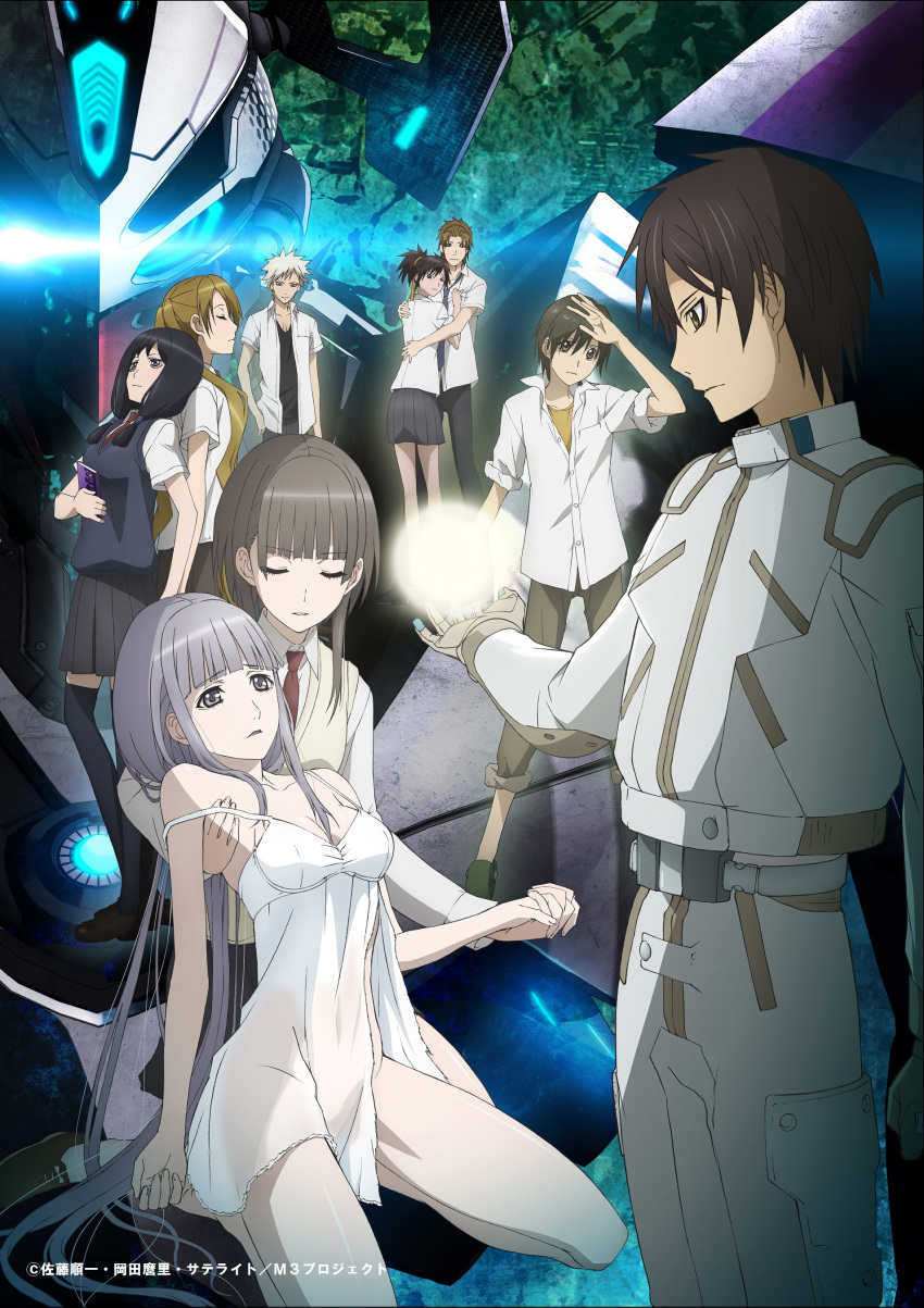 4boys, 5girls, absurdres, black_hair, blonde_hair, blue_eyes, brown_eyes, brown_hair, grey_eyes, hazaki_emiru, highres, hug, isaku_heito, izuriha_sasame, kasumi_raika, loafers, long_hair, m3:_sono_kuroki_hagane, maki_minashi, mecha, miniskirt, multiple_boys, multiple_girls, namito_iwato, necktie, nightgown, official_art, pilot_suit, pleated_skirt, saginuma_akashi, school_uniform, shirt, shoes, short_ponytail, short_sleeves, silver_hair, skirt, sleeves_rolled_up, sweater_vest, thigh-highs, uniform, white_shirt, yuzuki_maamu, zettai_ryouiki