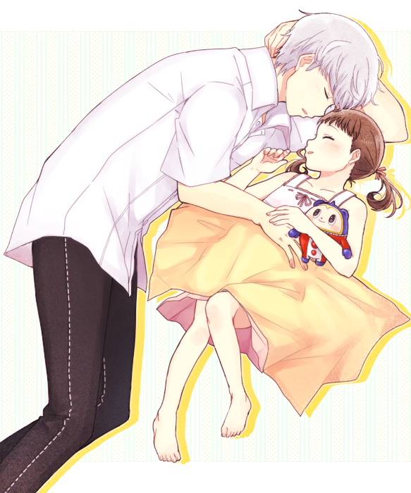 1boy, 1girl, blush, brown_hair, character_doll, closed_eyes, doujima_nanako, grey_hair, inasaba, kuma_(persona_4), narukami_yuu, persona, persona_4, school_uniform, short_hair, sleeping, stuffed_animal, stuffed_toy, teddy_bear, twintails