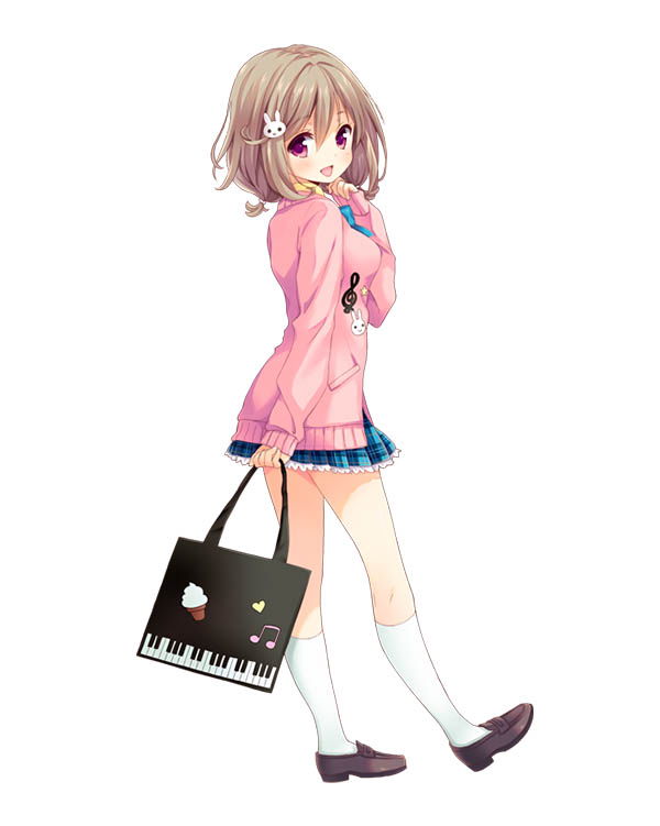 bag, big_breasts, brown_hair, girlfriend_(kari), happy, jacket, kazemachi_haruka, official_art