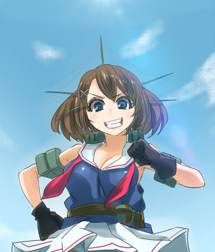 1girl, armlet, armpits, bare_shoulders, belt, black_gloves, blue_eyes, blue_sky, blush, breasts, brown_hair, cleavage, clenched_hands, clouds, gloves, grin, hair_ornament, hand_on_hip, headgear, hiraki_ajino, kantai_collection, looking_at_viewer, maya_(kantai_collection), open_clothes, open_shirt, outdoors, pleated_skirt, sailor_collar, school_uniform, serafuku, short_hair, skirt, sky, sleeveless, sleeveless_shirt, smile, solo, teeth, white_skirt