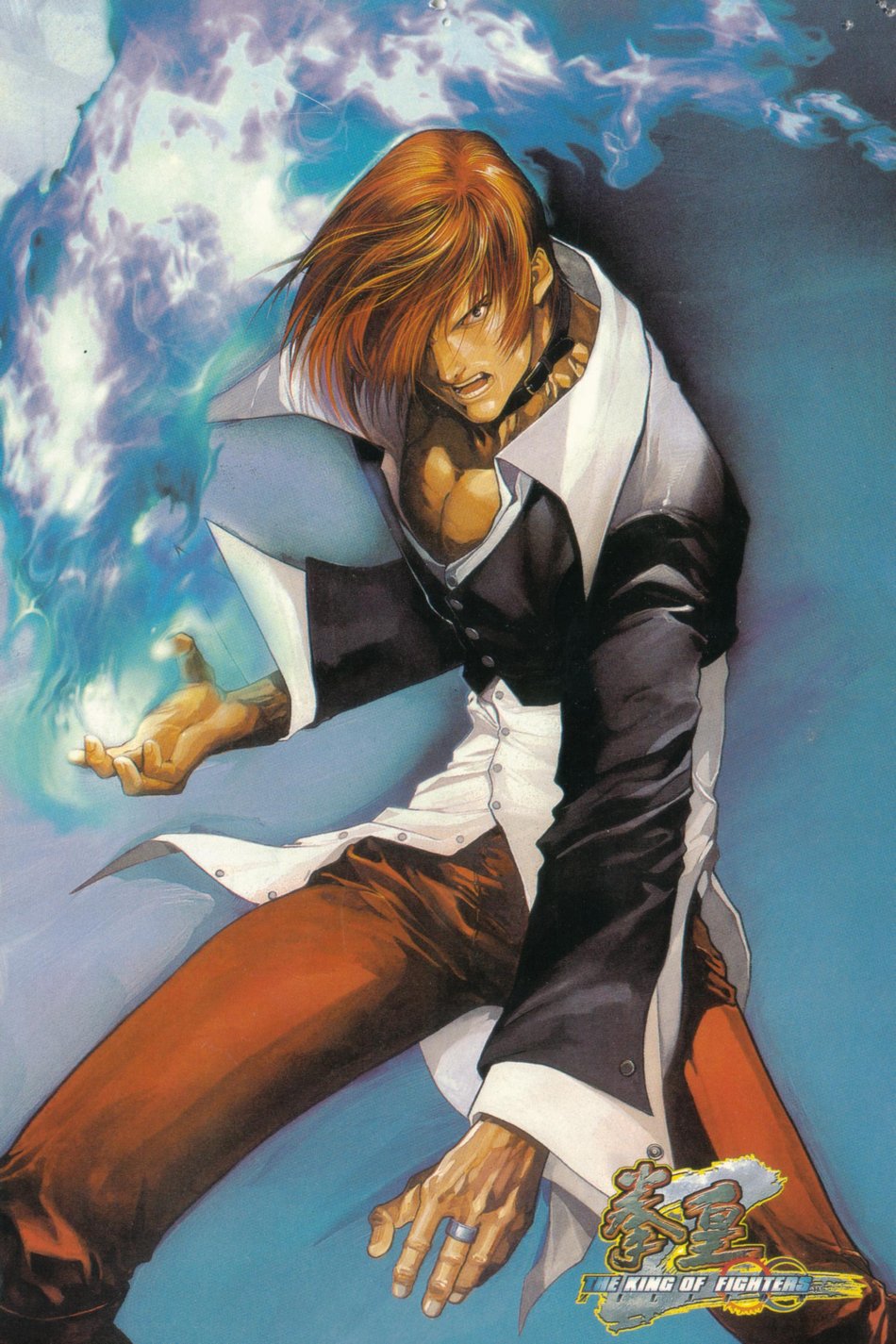 1boy, andy_seto, choker, dress_shirt, fire, hair_over_one_eye, highres, jewelry