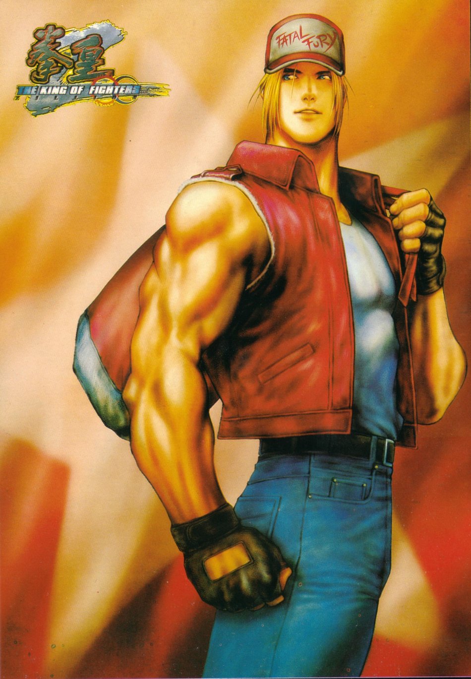 1boy, andy_seto, bag, blonde_hair, blue_eyes, denim, duffel_bag, fatal_fury