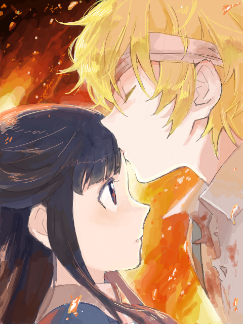1boy, 1girl, aya_drevis, bandages, bangs, black_eyes, black_hair, blonde_hair