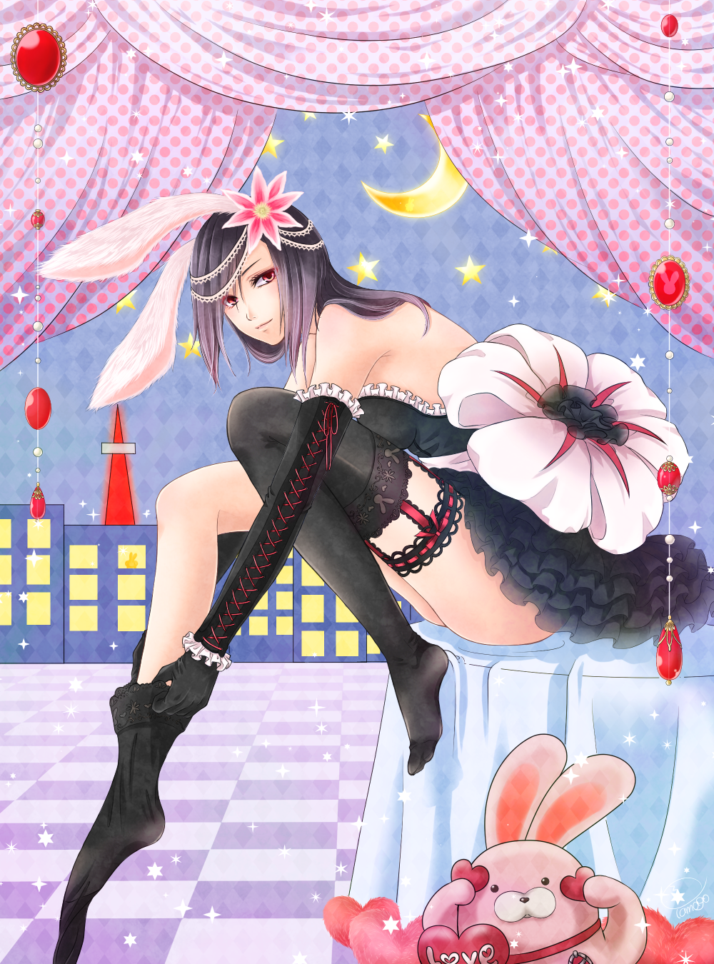 1girl, black_hair, bow, dress, flower, hair_bow, hair_over_one_eye, highres, kirishima_touka, long_hair, looking_at_viewer, rabbit, rabbit_head, ribbon, smile, solo, tokyo_ghoul