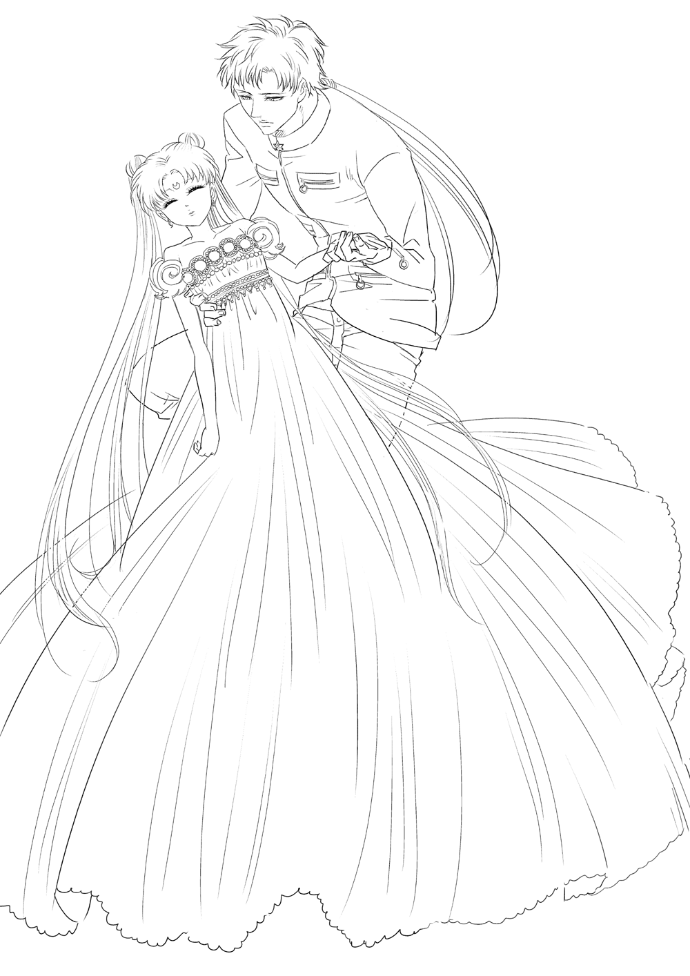 1boy, 1girl, azu_(asler23615), bishoujo_senshi_sailor_moon, closed_eyes, detached_sleeves, dress, facial_mark, forehead_mark, gakuran, highres, holding_hands, lineart, long_dress, long_hair, monochrome, ponytail, princess_serenity, school_uniform, seiya_kou, strapless_dress, tsukino_usagi, twintails, very_long_hair