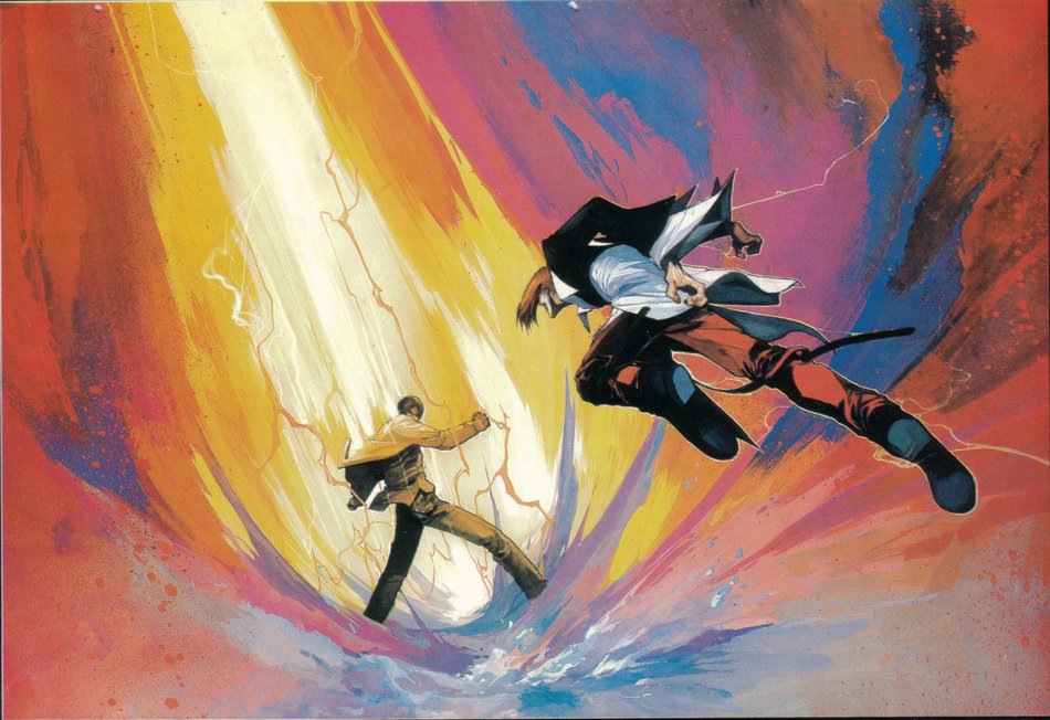 2boys, andy_seto, black_hair, dress_shirt, fighting, fire, jumping, king_of_fighters