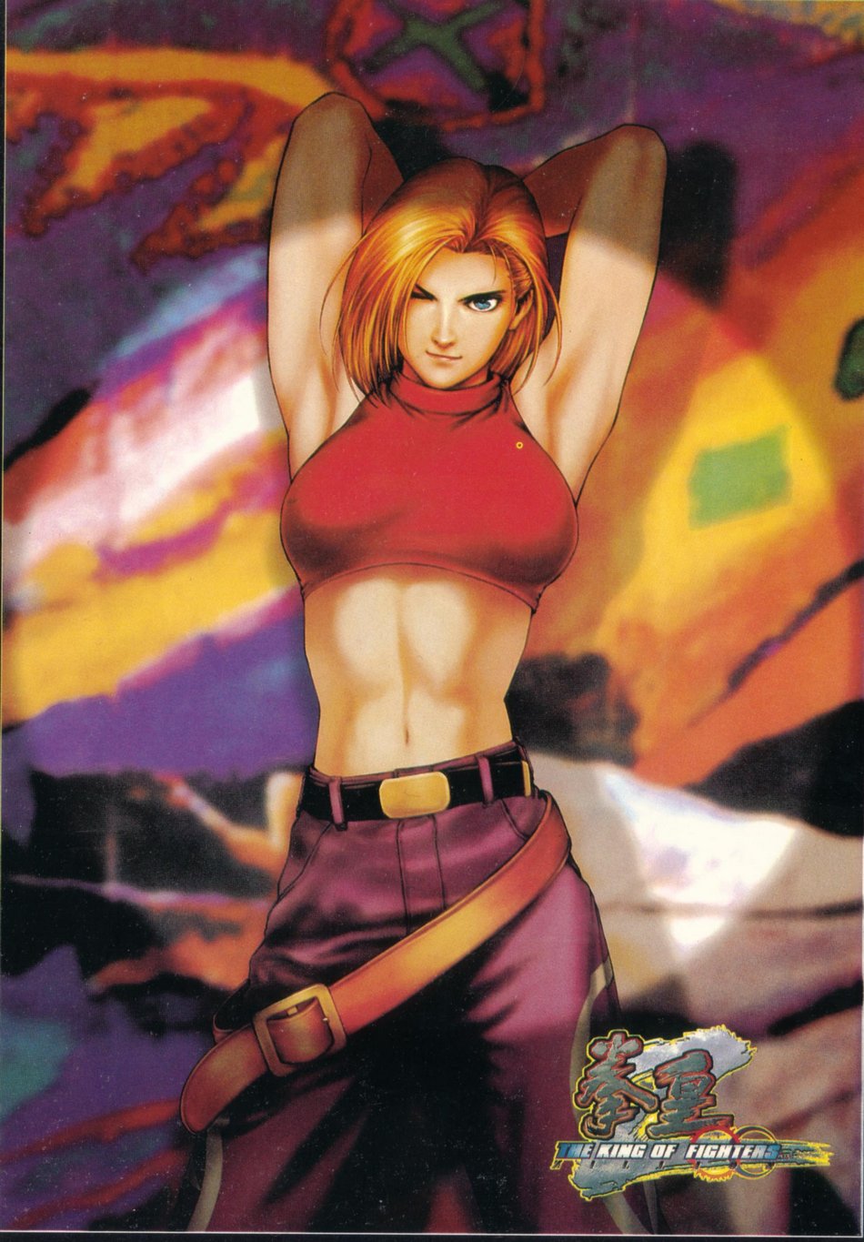 1girl, ;), andy_seto, armpits, belt, blonde_hair, blue_eyes, blue_mary, detective, fatal_fury, highres, king_of_fighters, midriff, official_art, one_eye_closed, pants, smile, snk, solo, tank_top