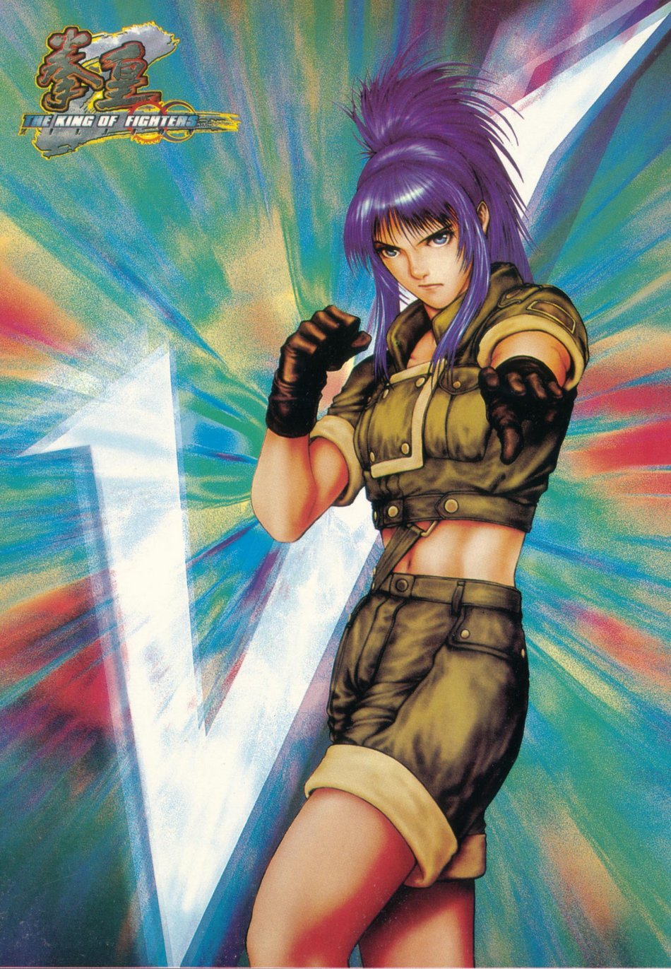 1girl, andy_seto, blue_eyes, blue_hair, crop_top, gloves, highres, king_of_fighters