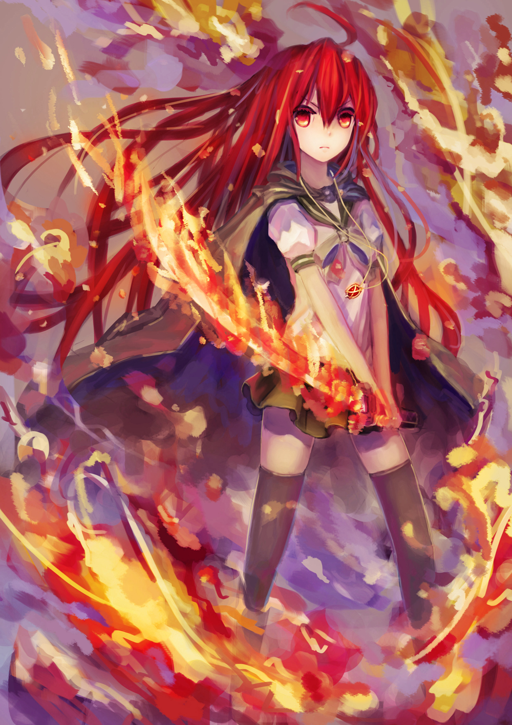 1girl, cape, fire, highres, qin, red_eyes, redhead, revision