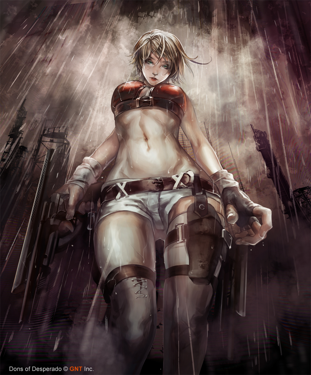 1girl, belt, blonde_hair, blue_eyes, breasts, cleavage, dons_of_desperado, fingerless_gloves, from_below, gloves, gun, handgun, highres, holster, looking_at_viewer, midriff, navel, phong_anh, rain, short_hair, short_shorts, shorts, single_glove, solo, thigh-highs, thigh_holster, weapon