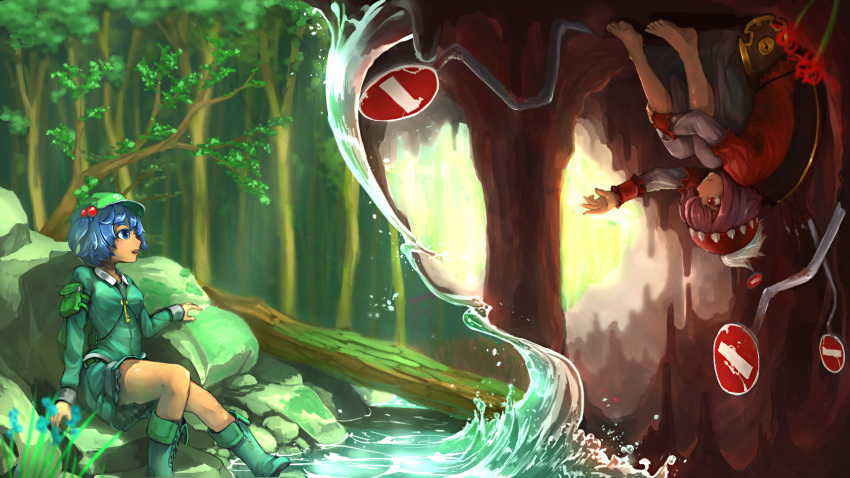 1girl, 2girls, arm_up, backpack, bag, blouse, blue_eyes, blue_hair