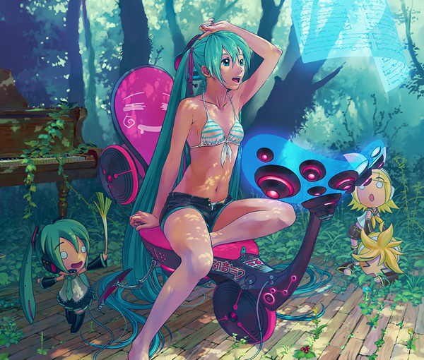 aqua_eyes, aqua_hair, armpits, barefoot, bikini, bikini_top, chibi, feet