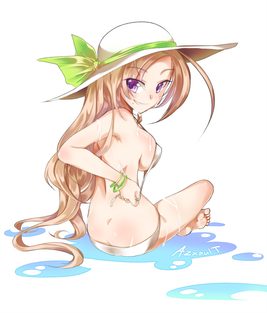 1girl, bikini, blonde_hair, breasts, butt_crack, grin, hat, highres