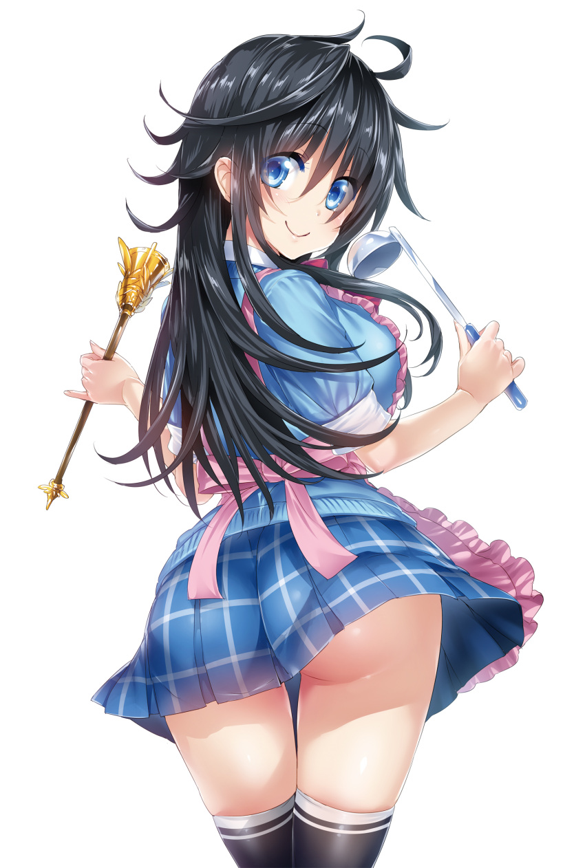 1girl, apron, ass, black_hair, black_legwear, blue_eyes, blush, breasts