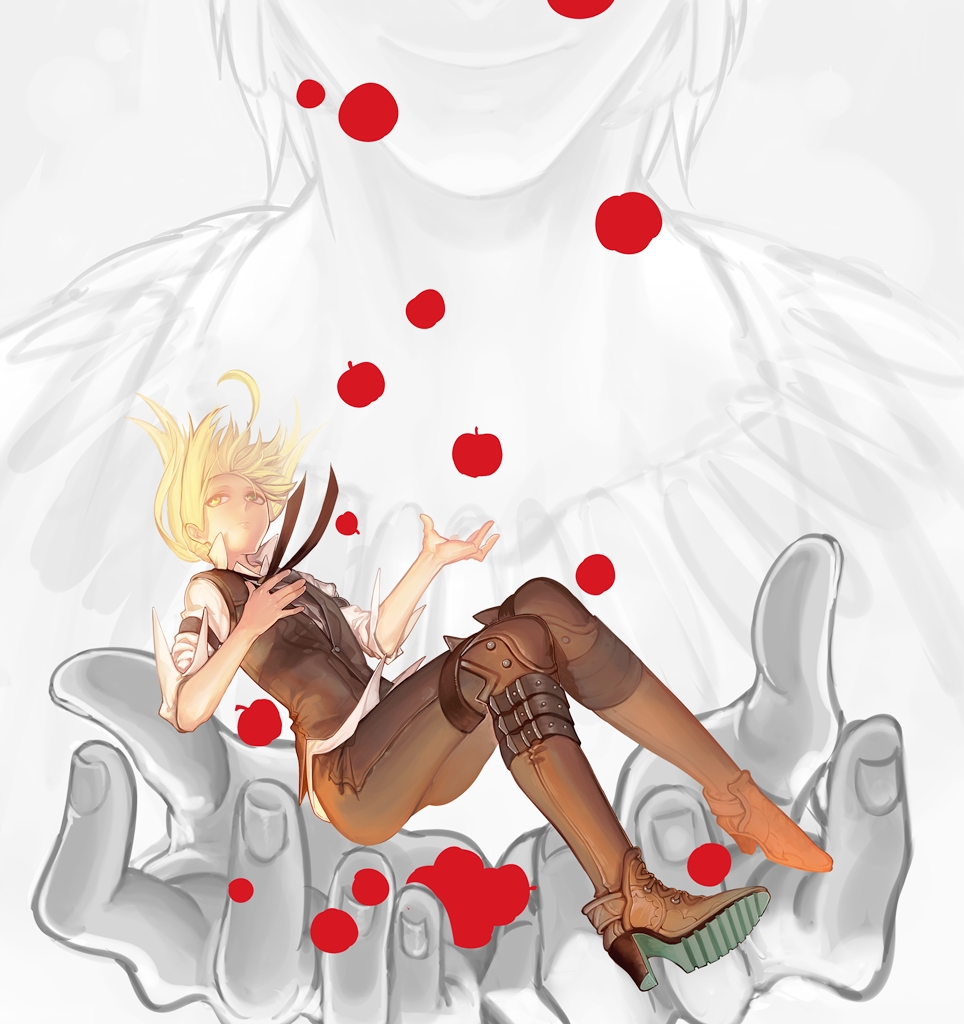 1boy, 1girl, apple, blonde_hair, fate/zero, fate_(series), food, fruit