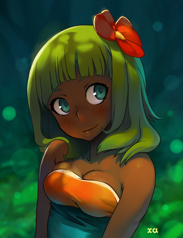 1girl, bare_shoulders, breasts, cleavage, dappled_sunlight, dark_skin, flower, green_eyes