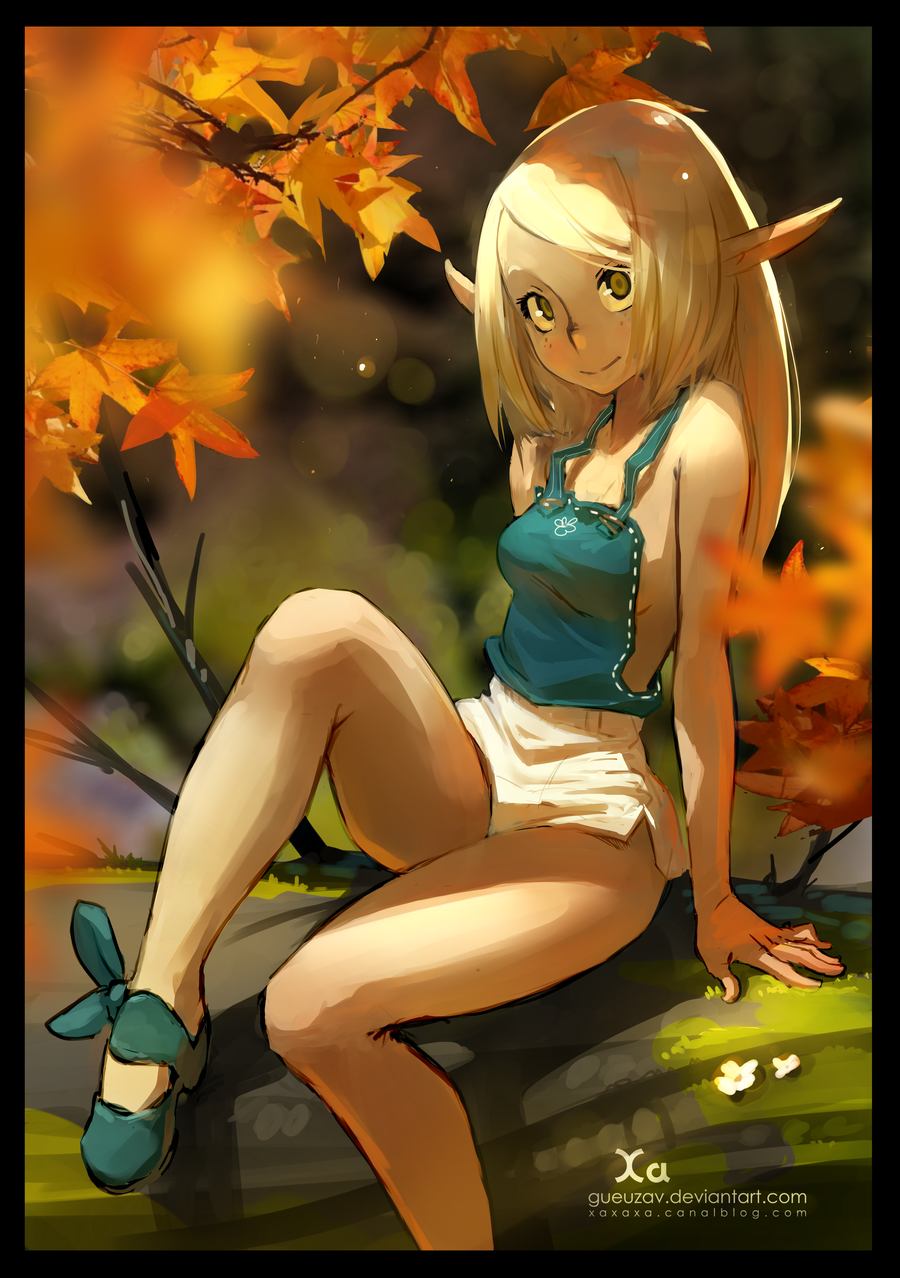 1girl, alternate_hair_length, alternate_hairstyle, autumn, autumn_leaves, bangs, blonde_hair, border, cra, dappled_sunlight, evangelyne, freckles, green_eyes, highres, in_tree, long_hair, mary_janes, pointy_ears, shoes, short_shorts, shorts, sitting, sitting_in_tree, smile, solo, swept_bangs, tree, wakfu, watermark, web_address, xavier_houssin