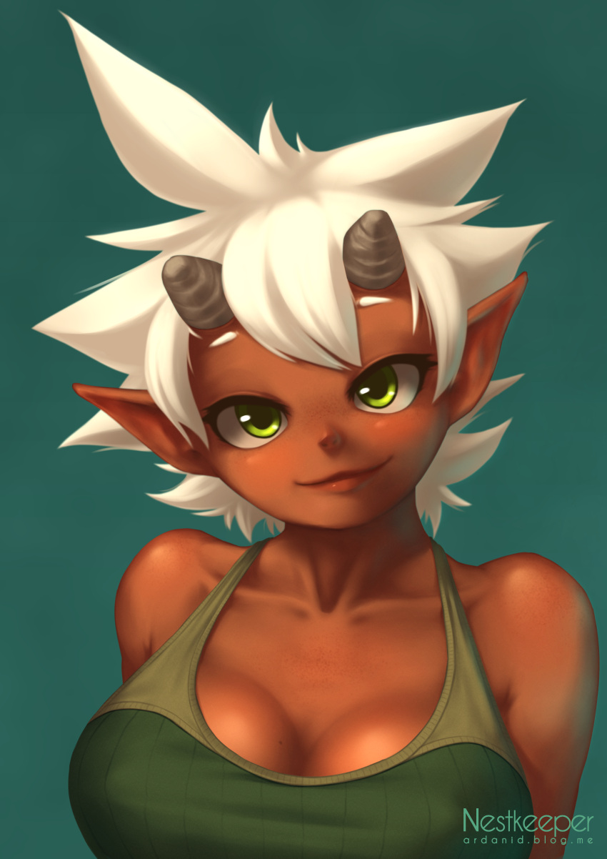 1girl, absurdres, blonde_hair, blue_eyes, breasts, cleavage, dark_skin, gabi_the_dokkaebi, highres, horns, large_breasts, looking_at_viewer, nestkeeper, original, short_hair, solo, sports_bra, taut_clothes