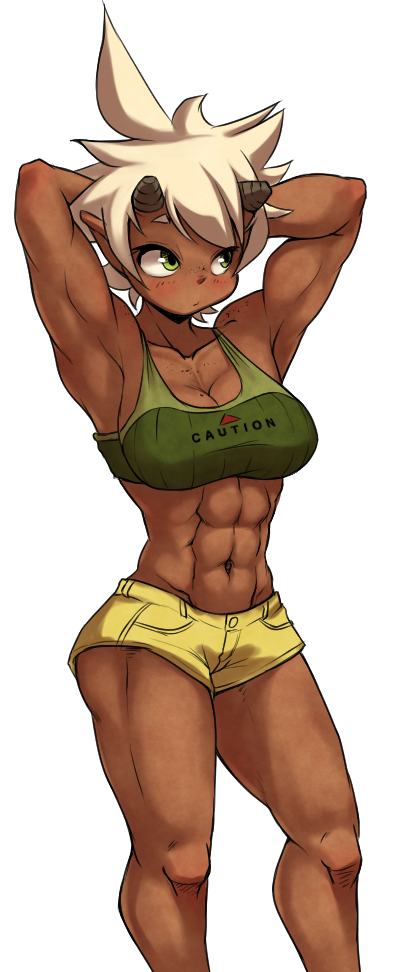 1girl, abs, armpits, arms_up, blonde_hair, blue_eyes, blush, breasts