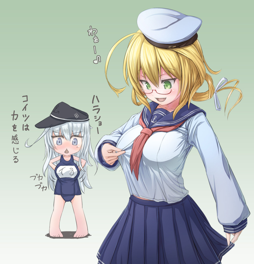 2girls, :<, ahoge, blonde_hair, blush, breast_envy, breasts, cosplay