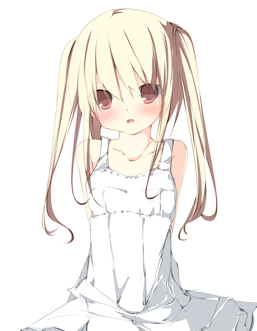 1girl, absurdres, arms_behind_back, blonde_hair, blush, brown_eyes, dress, highres