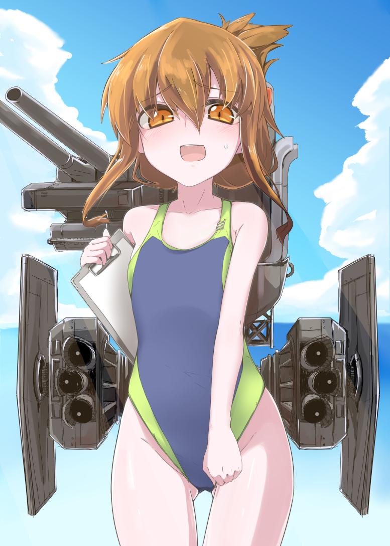 1girl, alternate_costume, bare_shoulders, blush, brown_eyes, brown_hair, cannon, clipboard