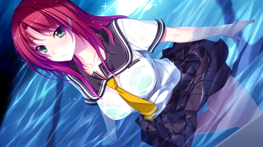 1girl, blue_bra, blue_panties, bra, breasts, cleavage, dutch_angle, game_cg