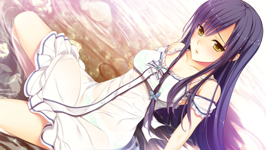 1girl, akino_subaru, blue_hair, bra, collarbone, dress, dutch_angle, game_cg