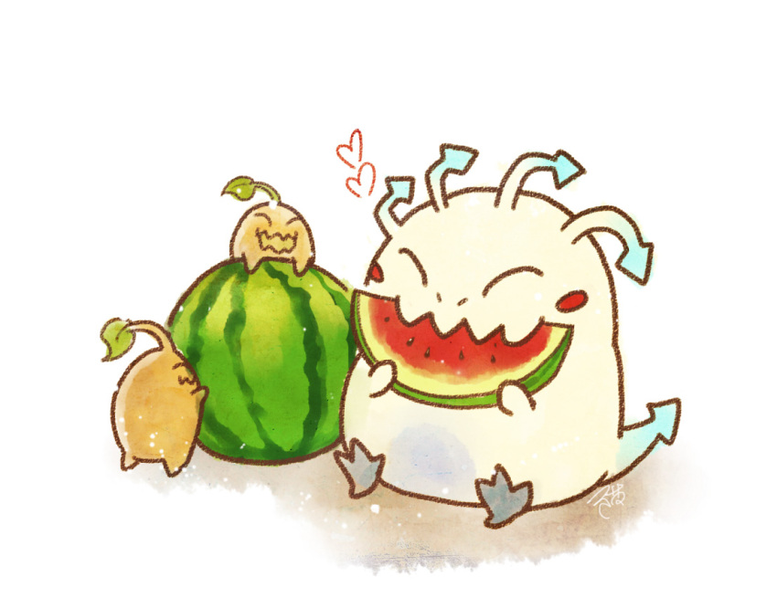 :3, ^_^, aa2233a, blush_stickers, chibi, closed_eyes, eating, food, fruit, heart, kog'maw, leaf, league_of_legends, open_mouth, sapling, sitting, tail, watermelon