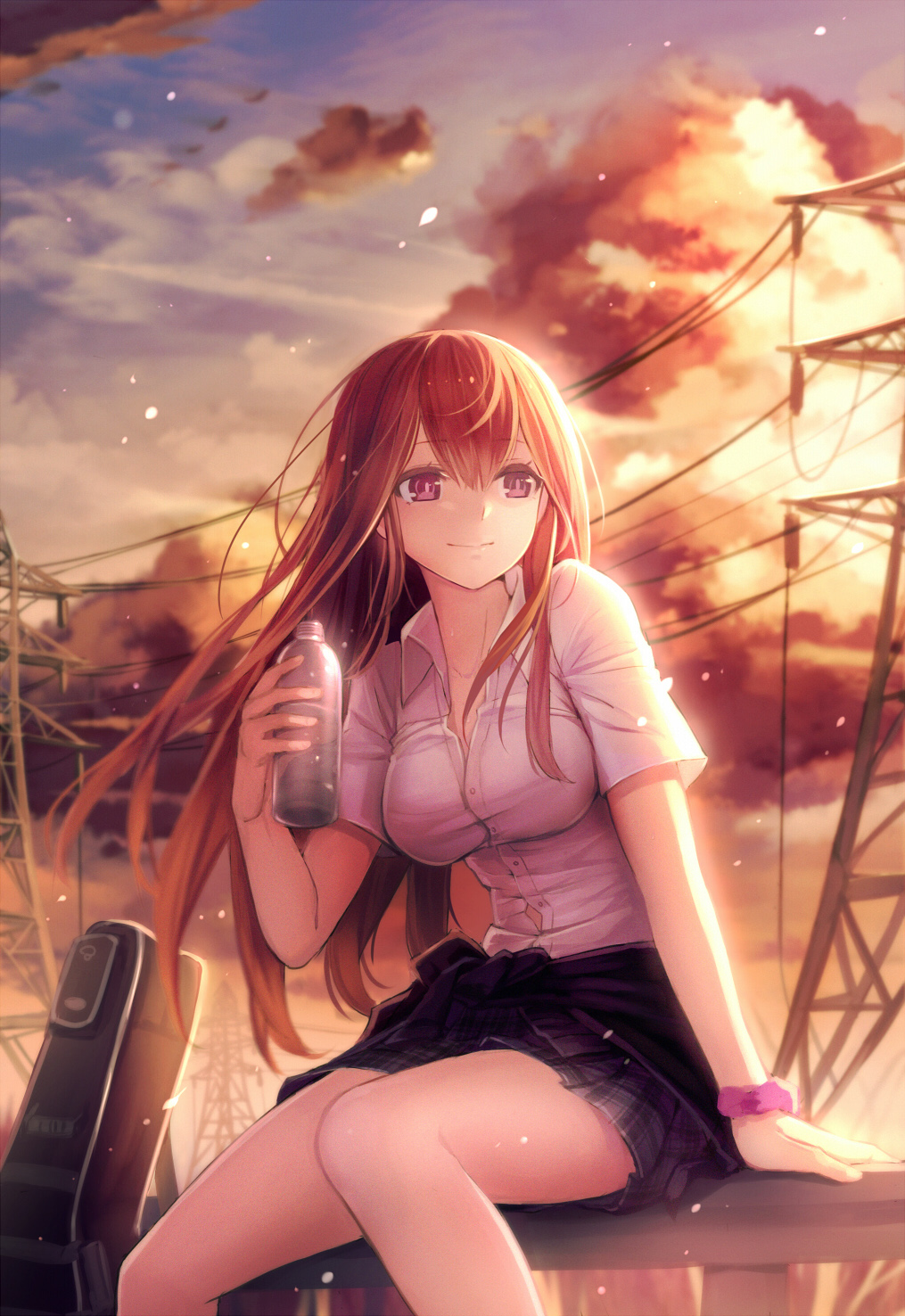 1girl, bottle, breasts, brown_hair, clouds, drink, highres, instrument_case, legs, long_hair, original, outdoors, power_lines, red_eyes, school_uniform, shirt, sitting, skirt, sky, smile, solo, steelleets, sunset, thighs, transformer, water_bottle, wristband