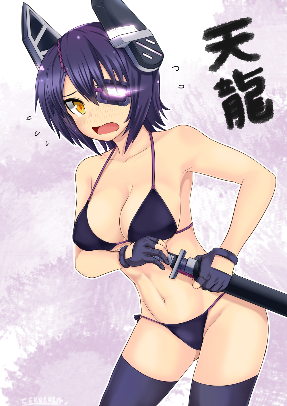 1girl, blush, bra, eyepatch, fingerless_gloves, gloves, headgear, highres, kantai_collection, looking_at_viewer, mint_(cerbi), navel, open_mouth, panties, purple_hair, short_hair, solo, sweatdrop, sword, tenryuu_(kantai_collection), thigh-highs, underwear, wavy_mouth, weapon, yellow_eyes