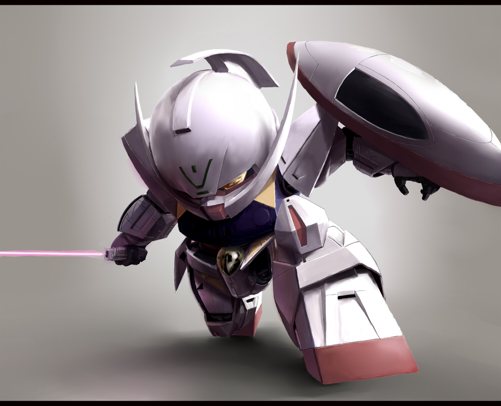 energy_sword, gundam, letterboxed, mecha, no_humans, shield, simple_background, sword