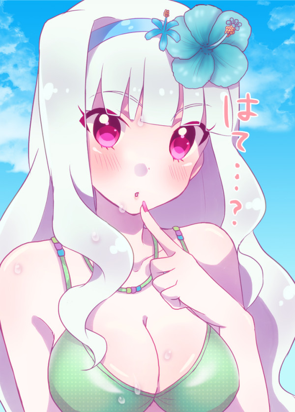 bikini, flower, grey_hair, hair_ornament, hairband, idolmaster, jewelry, long_hair