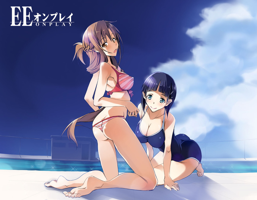 2girls, arm_support, ass, asuna_(sao), bikini, black_hair, blue_eyes, blush