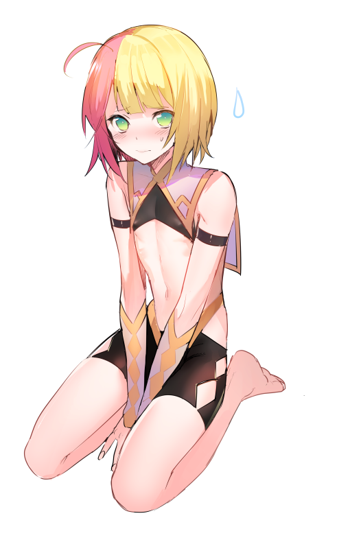 1boy, ahoge, androgynous, barefoot, blonde_hair, blush, erubo, green_eyes