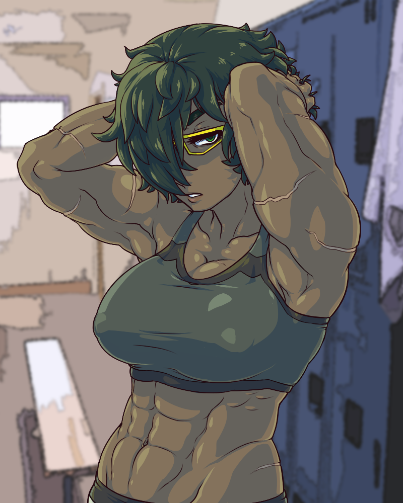 1girl, abs, arms_up, blush, breasts, colored, dark_skin, eyebrows, eyelashes, glasses, green_eyes, green_hair, gym, hair_over_one_eye, hands_in_hair, hilda_(tenk), large_breasts, messy_hair, midriff, mound_of_venus, muscle, navel, original, scar, semi-rimless_glasses, short_hair, smell, solo, sports_bra, tenk, thick_eyebrows, under-rim_glasses, yellow-framed_glasses