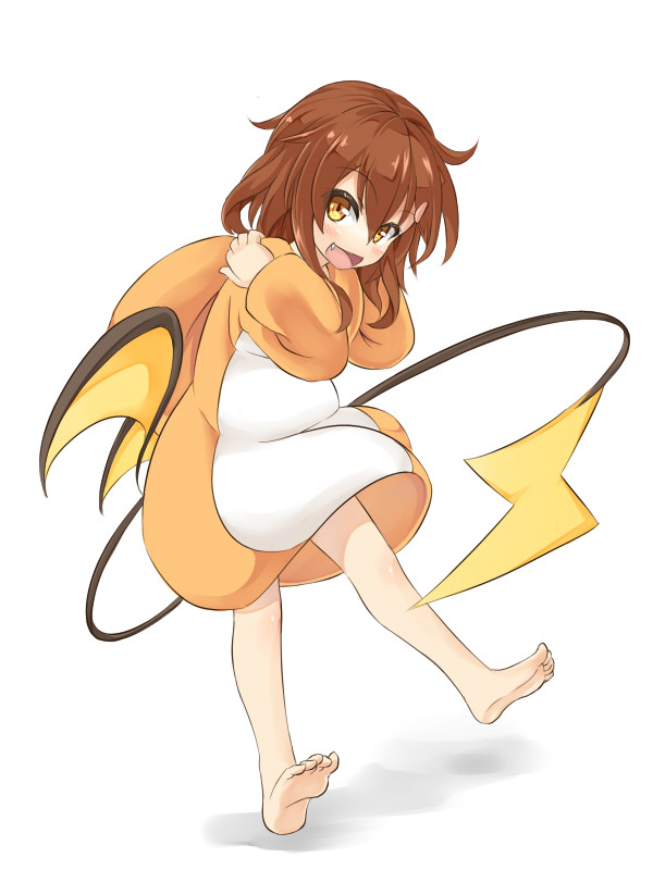 1girl, barefoot, brown_eyes, brown_hair, fang, ikazuchi_(kantai_collection), kantai_collection, looking_at_viewer