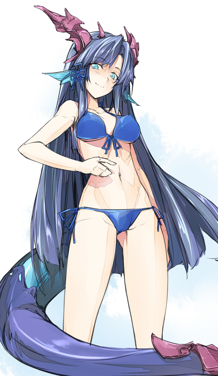 1girl, bare_shoulders, bikini, black_hair, blue_bikini, blue_eyes, blue_ribbon, breasts