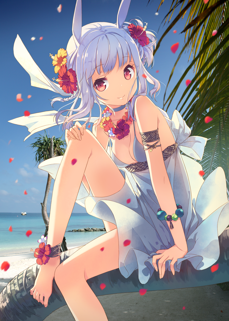1girl, animal_ears, ankleband, anklet, arm_support, armband, barefoot, braid