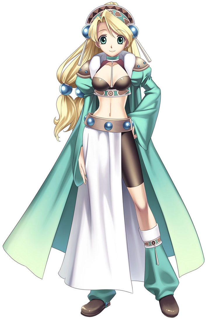 1girl, atelier_(series), atelier_marie_alchemist_of_salburg, bike_shorts, blonde_hair, boots, coat, crop_top, cross_edge, green_eyes, hairband, hand_on_hip, hirano_katsuyuki, juliet_sleeves, knee_boots, leg_warmers, long_hair, long_sleeves, low-tied_long_hair, marie_(atelier), official_art, puffy_sleeves, smile, solo, standing