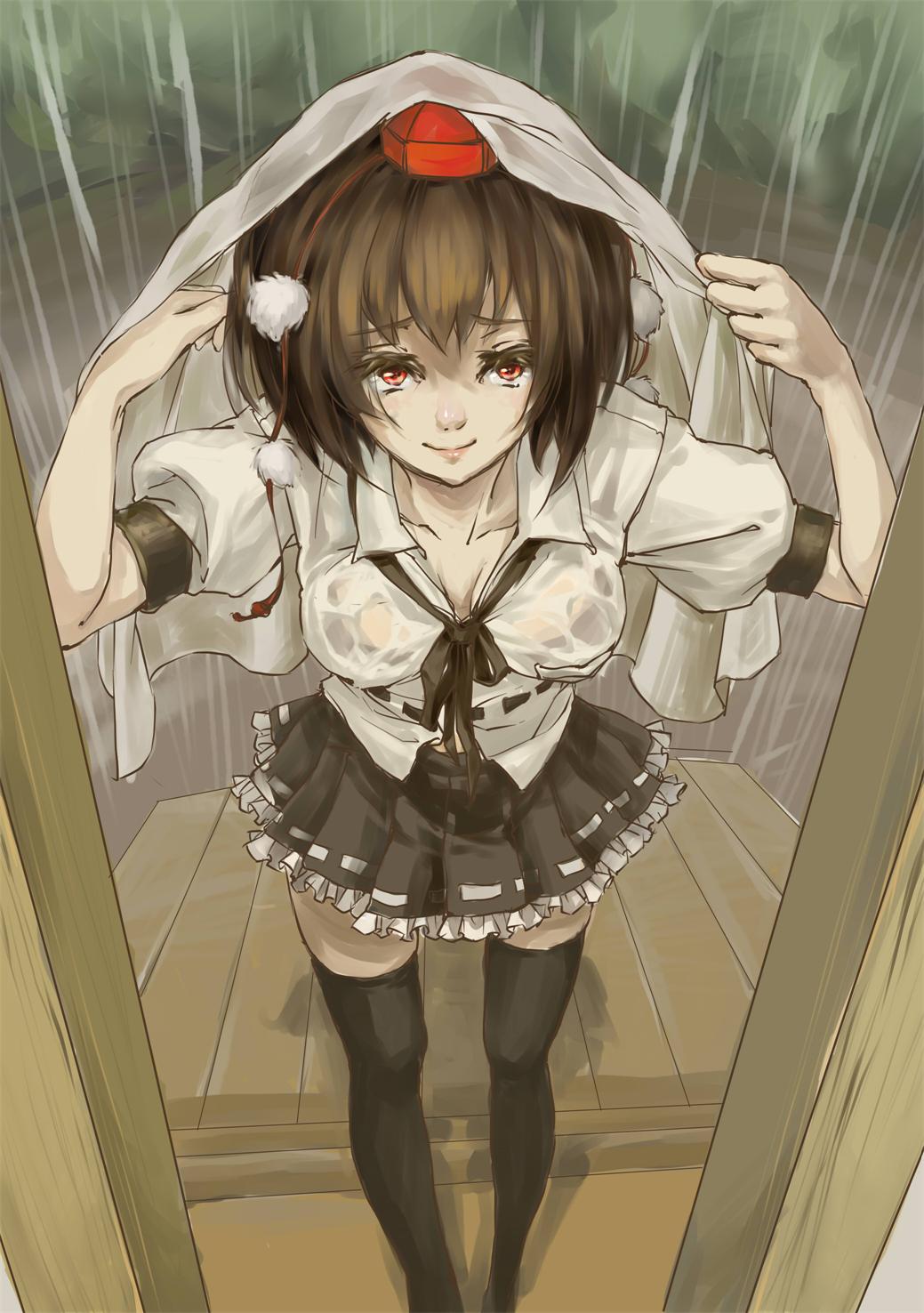 1girl, black_legwear, black_skirt, bra, brown_hair, collarbone, covering_head, doorway