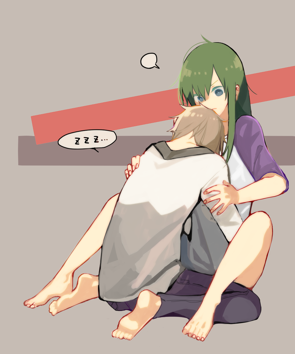 1boy, 1girl, barefoot, blue_eyes, brown_hair, green_hair, hetero, highres