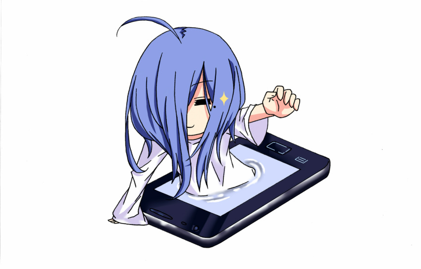 1girl, =_=, ahoge, blue_hair, cellphone, cosplay, hair_over_one_eye, izumi_konata, lucky_star, mole, parody, phone, smartphone, solo, the_ring, yamamura_sadako, yamamura_sadako_(cosplay)
