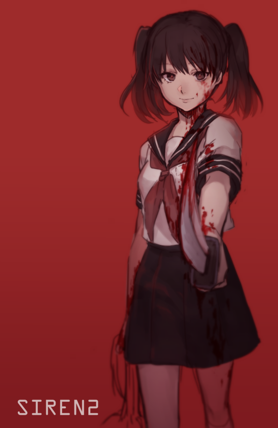 1girl, black_hair, blood, blood_on_face, blood_stain, brown_eyes, copyright_name, knife