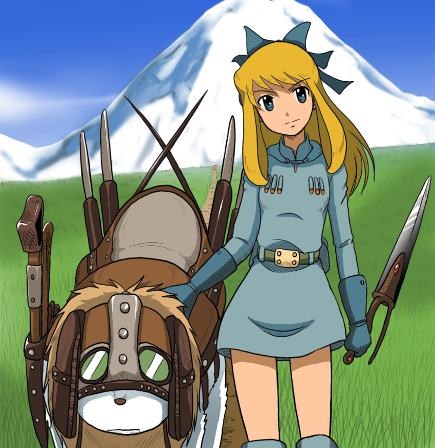 blonde_hair, blue_eyes, cosplay, dog, ghibli, grass, hair_ribbon, highres