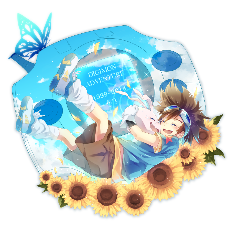 brown_hair, dated, digimon, digimon_adventure, falling, flower, gloves, goggles, happy, hug, koromon, natsu_mikan_(clutch), smile, sunflower, tears, yagami_taichi